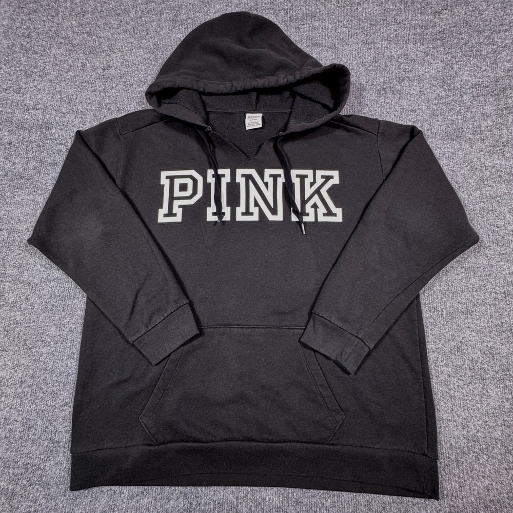Victorias Secret PINK Hoodie‎ Sweatshirt Black White Logo Pullover Medium
